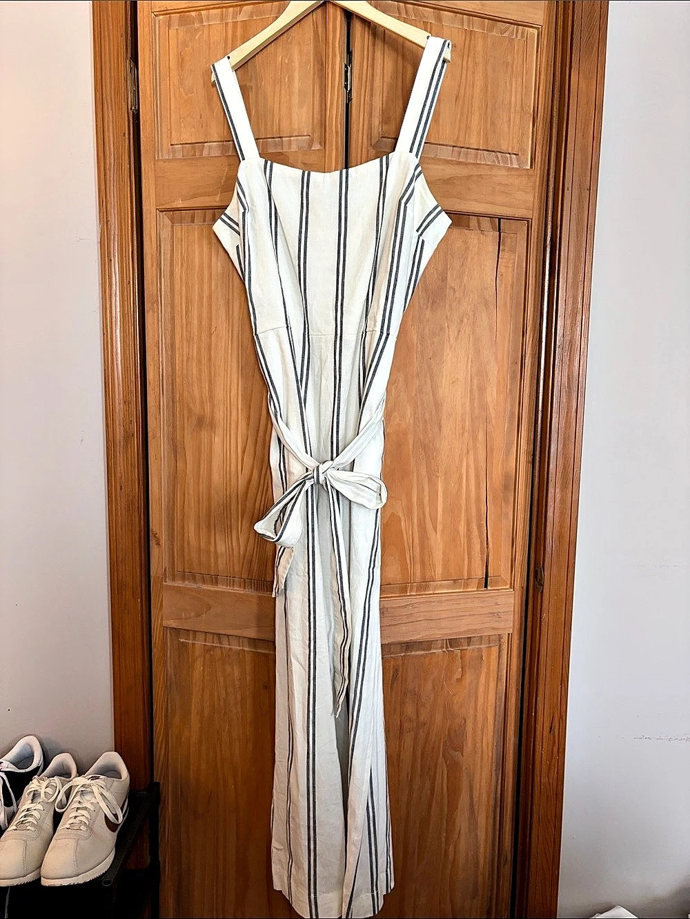 Gap Apronneck Stripe Linen-Cotton Jumpsuit Cream & Black Size 12 Tall